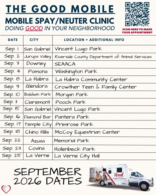 🚐🐾 The Good Mobile is rolling through your neighborhood this September! Our mobile spay/neuter clinic…