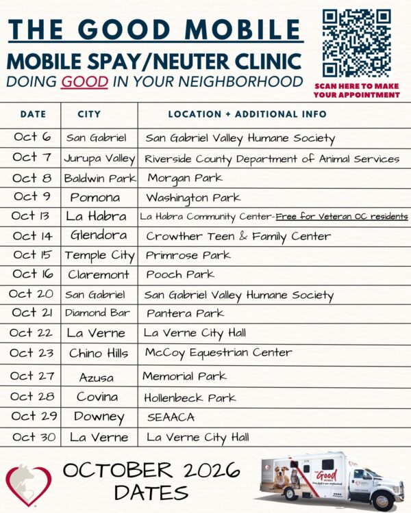 🚐🐾 The Good Mobile is rolling through your neighborhood this October! We’re bringing affordable spay/neuter…