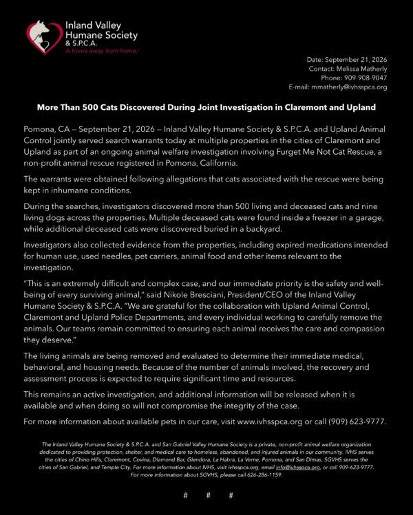 Press Release: More Than 500 Cats Discovered During Joint Investigation in Claremont and Upland.